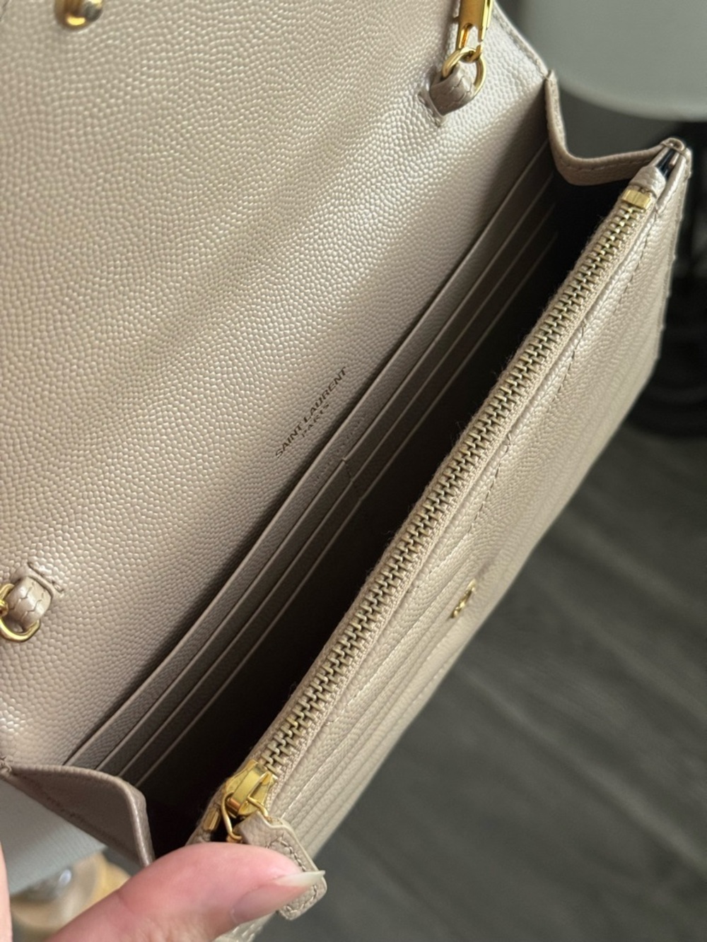 YSL Cassandre Envelope Chain Wallet in Grain De Poudre Leather - Light Taupe - Picture 9 of 11